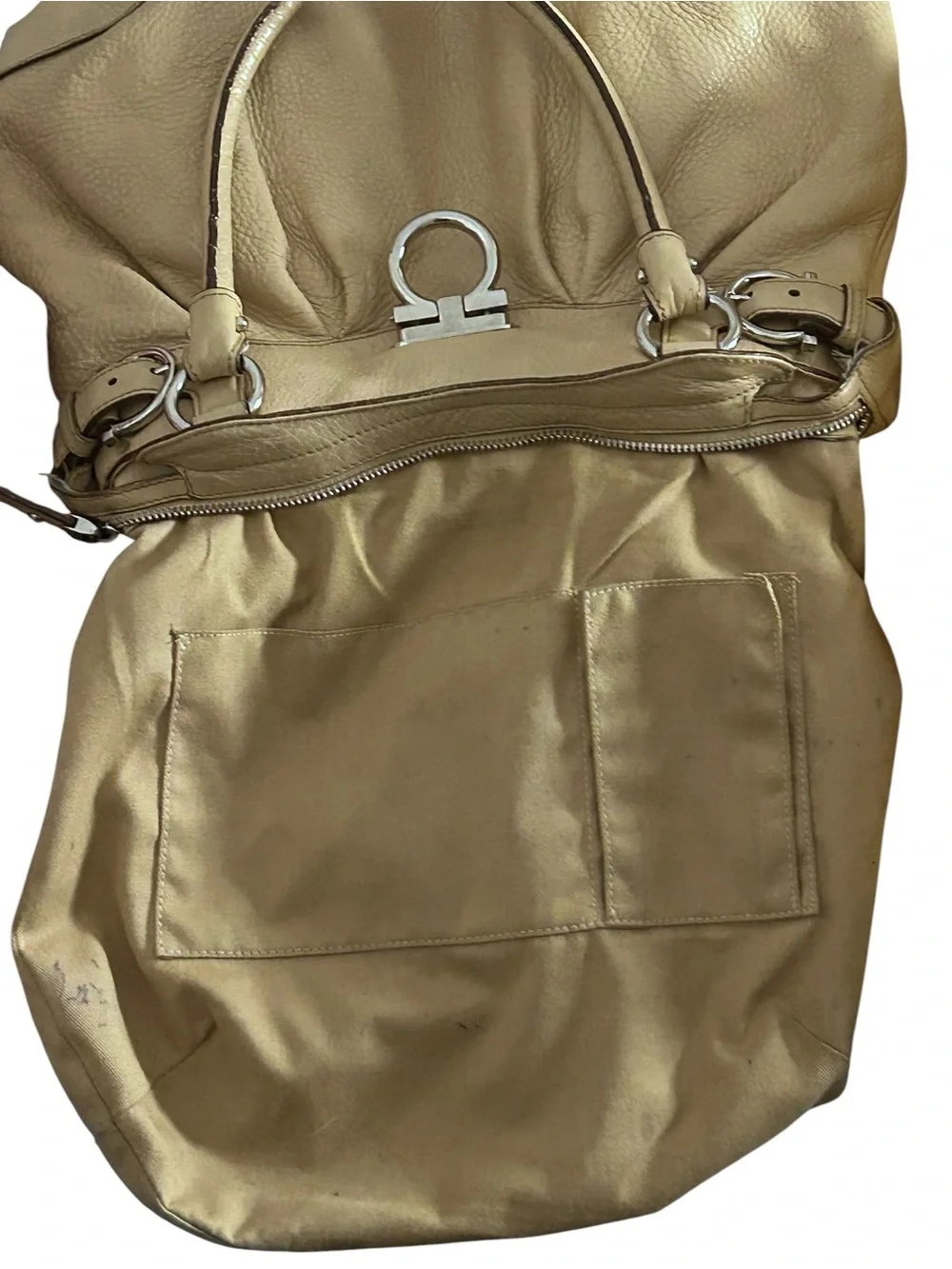 Salvatore Ferragamo Gancini Pebbled Leather Satchel Bag Manila Beige Yellow Ital